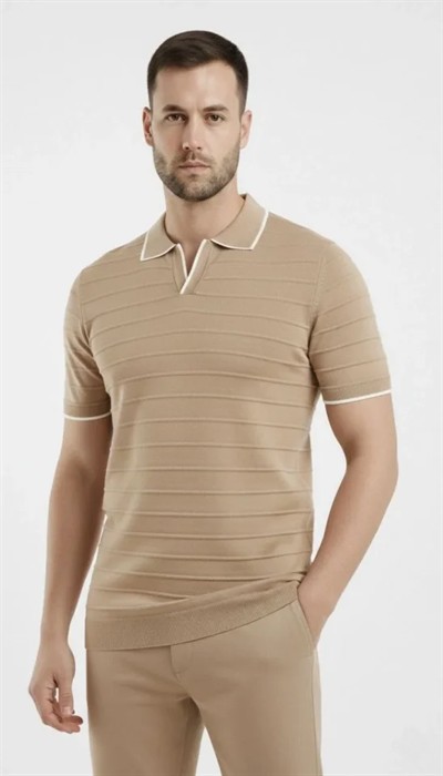 Erkek 2’li Paket Triko Yakalı Düğmesiz Açık Yaka Fitilli Kısa Kollu Regular Fit Tişört - Lacivert - Bej