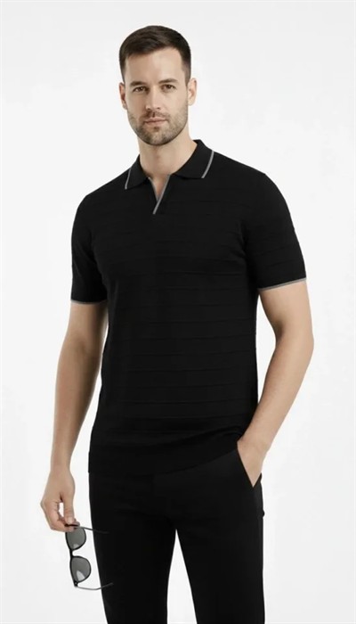 Erkek 2’li Paket Triko Yakalı Düğmesiz Açık Yaka Fitilli Kısa Kollu Regular Fit Tişört - Bej - Siyah