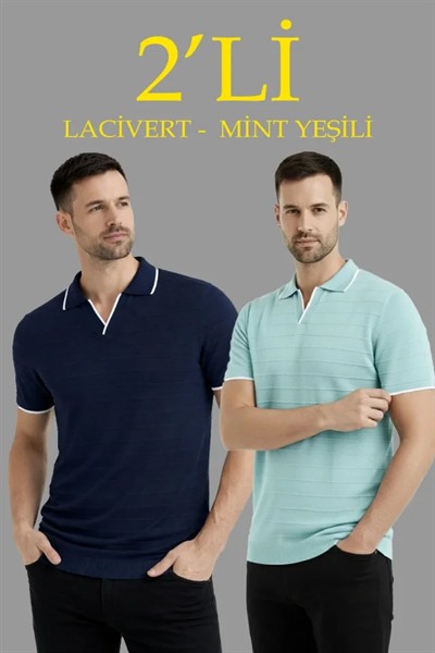 Erkek 2’li Paket Triko Yakalı Düğmesiz Açık Yaka Fitilli Kısa Kollu Regular Fit Tişört - Lacivert - Mint Yeşili