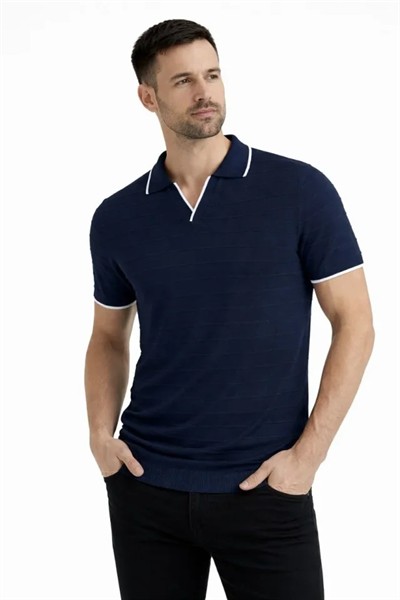 Erkek 2’li Paket Triko Yakalı Düğmesiz Açık Yaka Fitilli Kısa Kollu Regular Fit Tişört - Lacivert - Bej