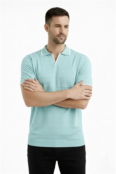 Erkek 2’li Paket Triko Yakalı Düğmesiz Açık Yaka Fitilli Kısa Kollu Regular Fit Tişört - Lacivert - Mint Yeşili