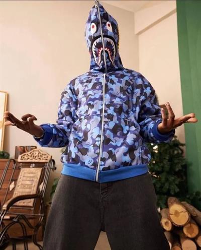 Erkek 3 İplik Bape Kapüşonu Fermuarlı Hırka - Mavi