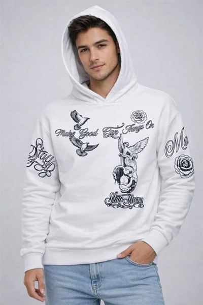 Erkek 3 İplik Pamuklu Kapüşonlu Baskılı SweatShirt Hoodie - Beyaz