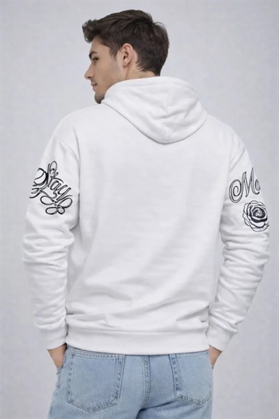 Erkek 3 İplik Pamuklu Kapüşonlu Baskılı SweatShirt Hoodie - Beyaz