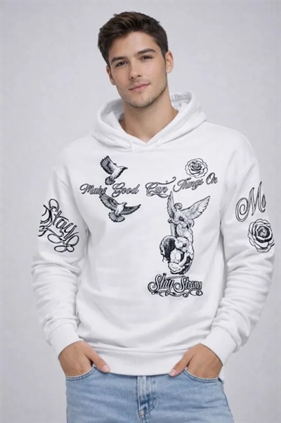Erkek 3 İplik Pamuklu Kapüşonlu Baskılı SweatShirt Hoodie - Beyaz