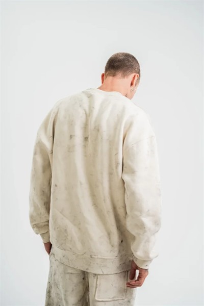 Erkek 3 İplik Pamuklu Yağ Yıkamalı Sweatshirt Double Oversize Bisiklet Yaka Uzun Kol - Krem