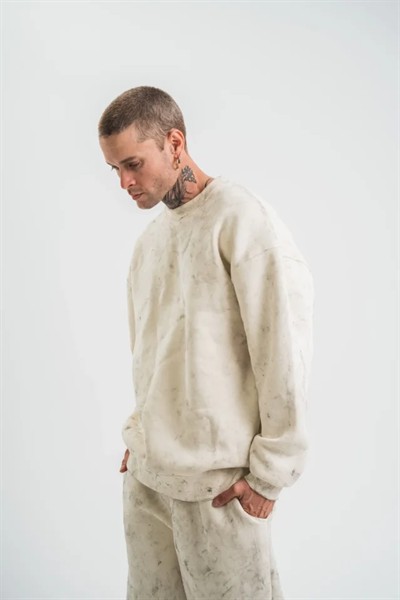 Erkek 3 İplik Pamuklu Yağ Yıkamalı Sweatshirt Double Oversize Bisiklet Yaka Uzun Kol - Krem