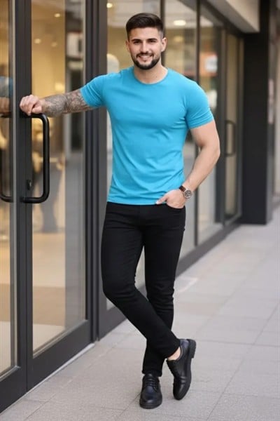 Erkek 3lü Bisiklet Yaka Tişört – Kısa Kollu Yazlık Slim Fit Body - Siyah, Kırmızı, Açık Mavi