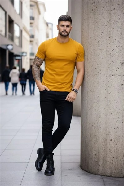 Erkek 3lü Bisiklet Yaka Tişört – Kısa Kollu Yazlık Slim Fit Body - Siyah, Ekru, Hardal