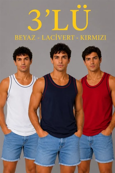 Erkek 3’lü Kolsuz Sporcu Atlet Seti Yazlık Bisiklet Yakalı - Lacivert, Kırmızı, Beyaz
