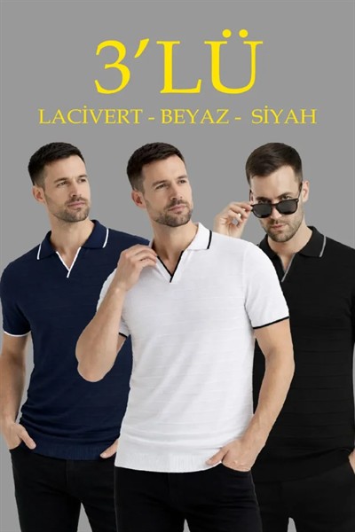 Erkek 3’lü Paket Triko Yakalı Düğmesiz Açık Yaka Fitilli Kısa Kollu Regular Fit Tişört - Siyah, Beyaz, Lacivert