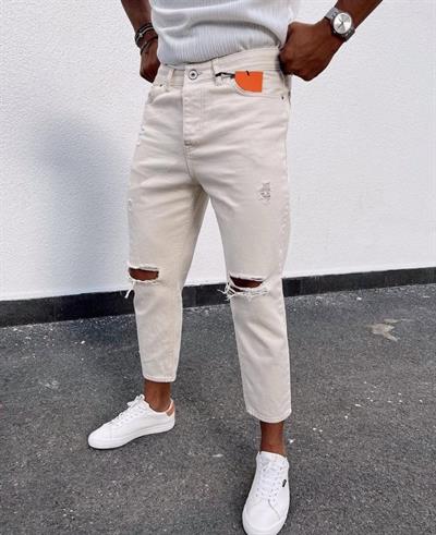 Erkek Açık Krem Yırtık Detaylı Boyfriend Jean