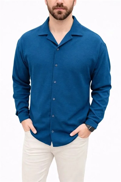 Erkek Aerobin Kumaş Oversize 4 Mevsim Uzun Kollu Rahat Kalıp Gömlek - İndigo