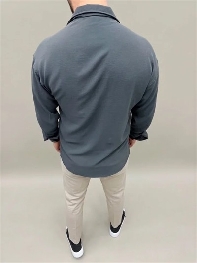 Erkek Aerobin Kumaş Oversize 4 Mevsim Uzun Kollu Rahat Kalıp Gömlek - Füme