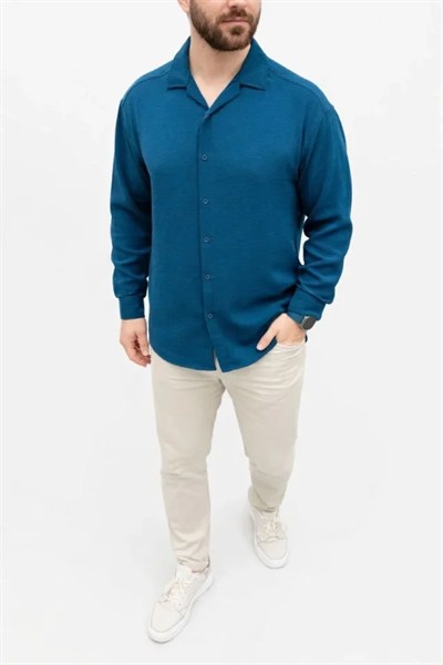 Erkek Aerobin Kumaş Oversize 4 Mevsim Uzun Kollu Rahat Kalıp Gömlek - İndigo