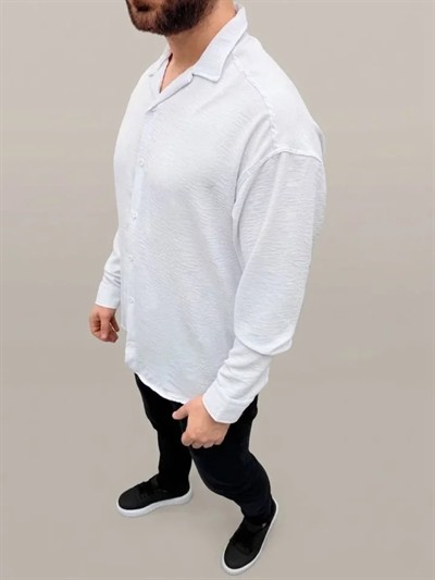 Erkek Aerobin Kumaş Oversize 4 Mevsim Uzun Kollu Rahat Kalıp Gömlek - Beyaz