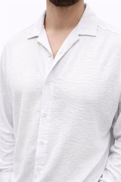 Erkek Aerobin Kumaş Oversize 4 Mevsim Uzun Kollu Rahat Kalıp Gömlek - Beyaz