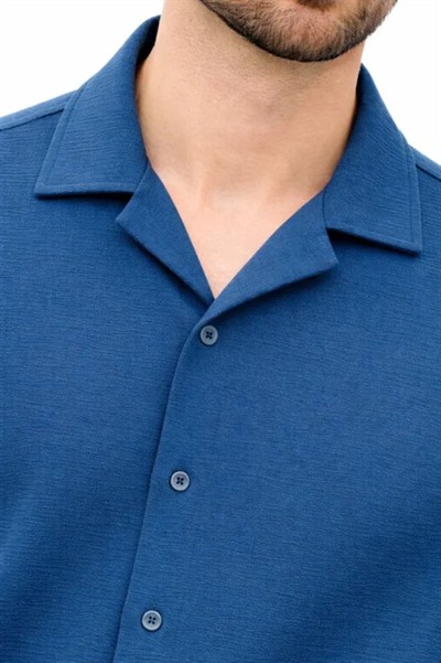 Erkek Aerobin Kumaş Oversize 4 Mevsim Uzun Kollu Rahat Kalıp Gömlek - İndigo