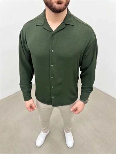 Erkek Aerobin Kumaş Oversize 4 Mevsim Uzun Kollu Rahat Kalıp Gömlek - Haki