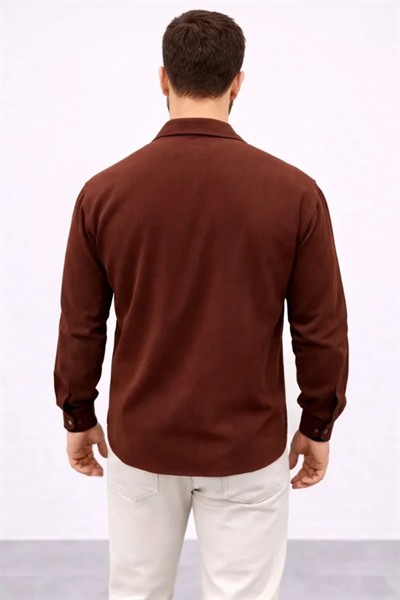 Erkek Aerobin Kumaş Oversize 4 Mevsim Uzun Kollu Rahat Kalıp Gömlek - Kahverengi