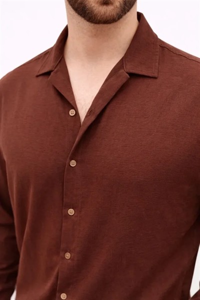 Erkek Aerobin Kumaş Oversize 4 Mevsim Uzun Kollu Rahat Kalıp Gömlek - Kahverengi