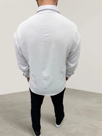 Erkek Aerobin Kumaş Oversize 4 Mevsim Uzun Kollu Rahat Kalıp Gömlek - Beyaz