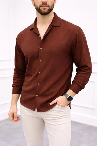 Erkek Aerobin Kumaş Oversize 4 Mevsim Uzun Kollu Rahat Kalıp Gömlek - Kahverengi