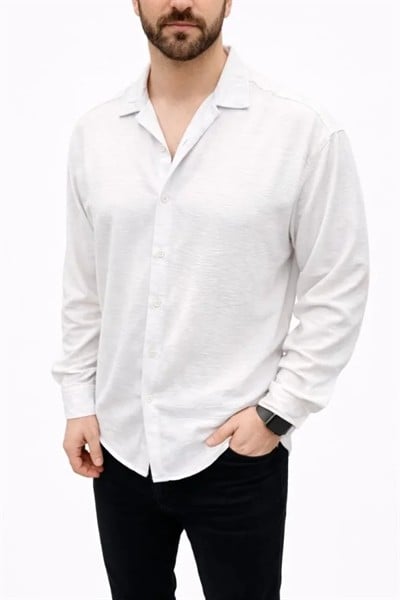 Erkek Aerobin Kumaş Oversize 4 Mevsim Uzun Kollu Rahat Kalıp Gömlek - Beyaz