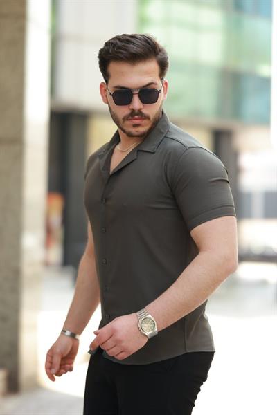 Erkek Apaj Yaka Kısa Kollu Gömlek