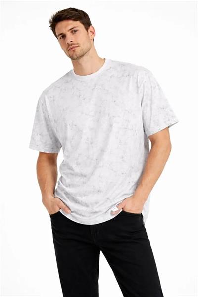 Erkek Asit Yıkama Bisiklet Yaka Kısa Kollu Oversize T-Shirt Tişört - Beyaz