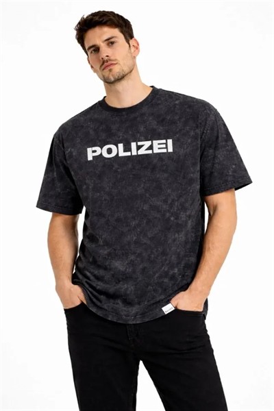 Erkek Asit Yıkamalı Baskılı Tişört Bisiklet Yaka Kısa Kollu Streetwear T-shirt - Siyah