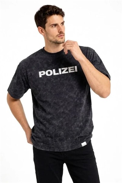 Erkek Asit Yıkamalı Baskılı Tişört Bisiklet Yaka Kısa Kollu Streetwear T-shirt - Siyah