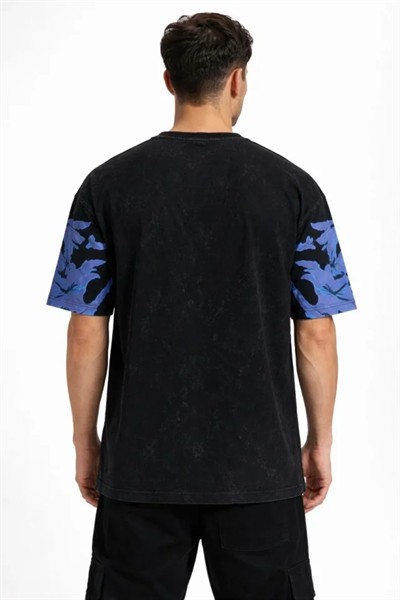 Erkek Asit Yıkamalı Oversize Tişört Mavi Kelebek Baskılı Dijital Print Bisiklet Yaka Streetwear T-Shirt - Siyah