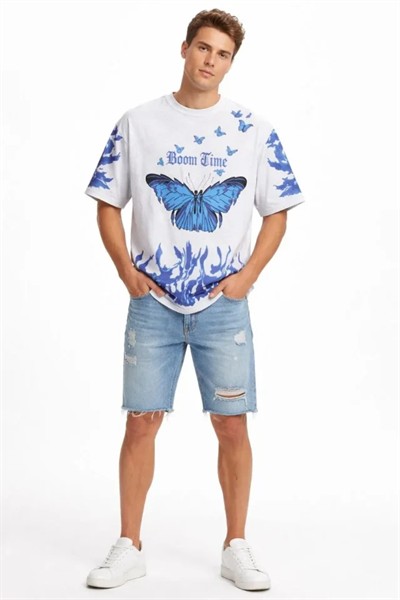 Erkek Asit Yıkamalı Oversize Tişört Mavi Kelebek Baskılı Dijital Print Bisiklet Yaka Streetwear T-Shirt - Beyaz