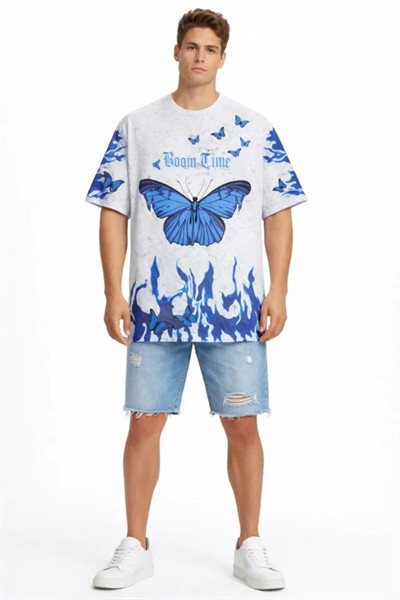 Erkek Asit Yıkamalı Oversize Tişört Mavi Kelebek Baskılı Dijital Print Bisiklet Yaka Streetwear T-Shirt - Beyaz