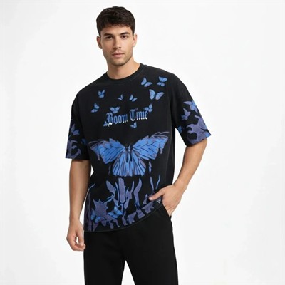 Erkek Asit Yıkamalı Oversize Tişört Mavi Kelebek Baskılı Dijital Print Bisiklet Yaka Streetwear T-Shirt - Siyah