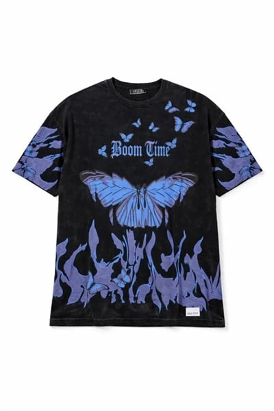 Erkek Asit Yıkamalı Oversize Tişört Mavi Kelebek Baskılı Dijital Print Bisiklet Yaka Streetwear T-Shirt - Siyah