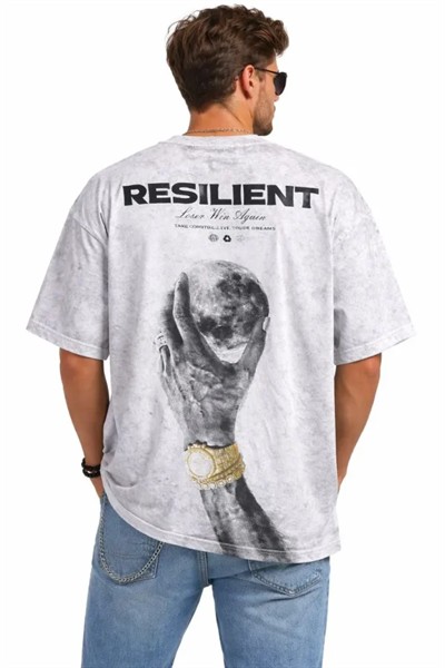 Erkek Asit Yıkamalı Oversize Tişört ön Ve Arkası Baskılı %100 Pamuk Street Style T-Shirt - Beyaz