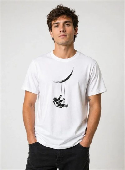 Erkek Astronot Ay Temalı Tişört Kısa Kol Yazlık Bisiklet Yaka T-Shirt - Beyaz