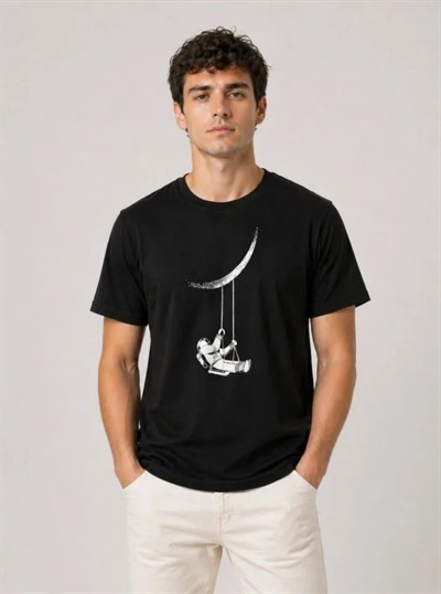 Erkek Astronot Ay Temalı Tişört Kısa Kol Yazlık Bisiklet Yaka T-Shirt - Siyah