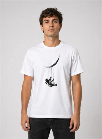 Erkek Astronot Ay Temalı Tişört Kısa Kol Yazlık Bisiklet Yaka T-Shirt - Beyaz