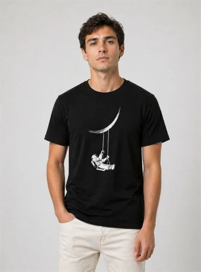 Erkek Astronot Ay Temalı Tişört Kısa Kol Yazlık Bisiklet Yaka T-Shirt - Siyah