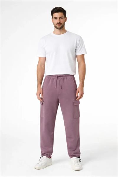 Erkek Baggy Üç İplik Kargo Cepli Eşofman Ayarlanabilir Paça Beli İpli Pantolon - Gül Kurusu