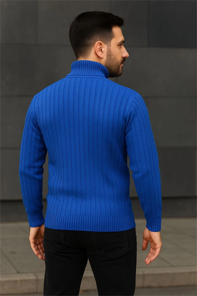Erkek Balıkcı Yaka Bağazlı Triko Kazak Pamuklu Kalın Fitilli Dokuma, Regular Fit Uzun Kollu Kışlık Model - Saks Mavisi