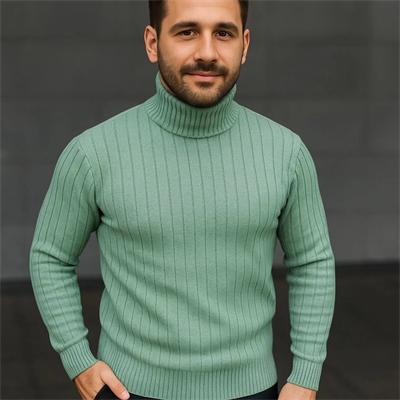 Erkek Balıkcı Yaka Bağazlı Triko Kazak Pamuklu Kalın Fitilli Dokuma, Regular Fit Uzun Kollu Kışlık Model - Mint Yeşili