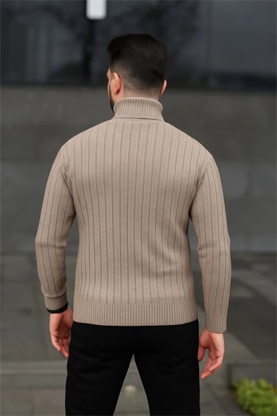 Erkek Balıkcı Yaka Bağazlı Triko Kazak Pamuklu Kalın Fitilli Dokuma, Regular Fit Uzun Kollu Kışlık Model - Bej