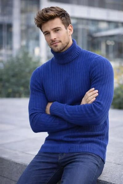 Erkek Balıkcı Yaka Bağazlı Triko Kazak Pamuklu Kalın Fitilli Dokuma, Regular Fit Uzun Kollu Kışlık Model - İndigo