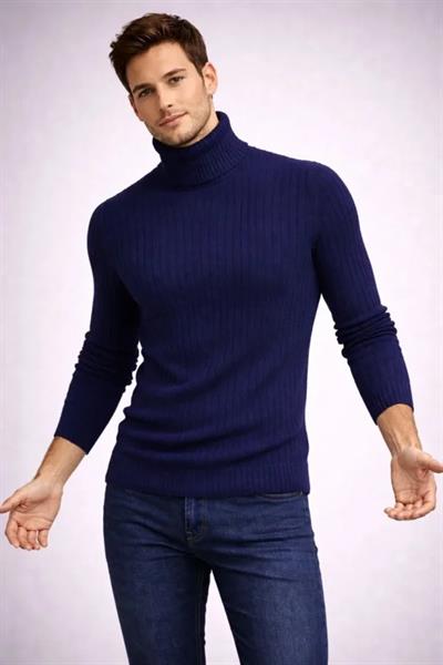 Erkek Balıkcı Yaka Bağazlı Triko Kazak Pamuklu Kalın Fitilli Dokuma, Regular Fit Uzun Kollu Kışlık Model - Lacivert