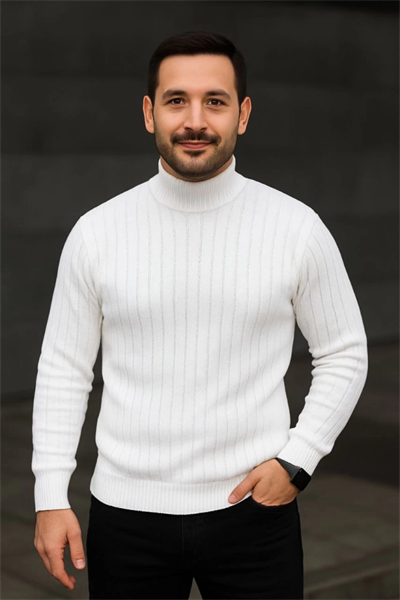 Erkek Balıkcı Yaka Bağazlı Triko Kazak Pamuklu Kalın Fitilli Dokuma, Regular Fit Uzun Kollu Kışlık Model - Beyaz