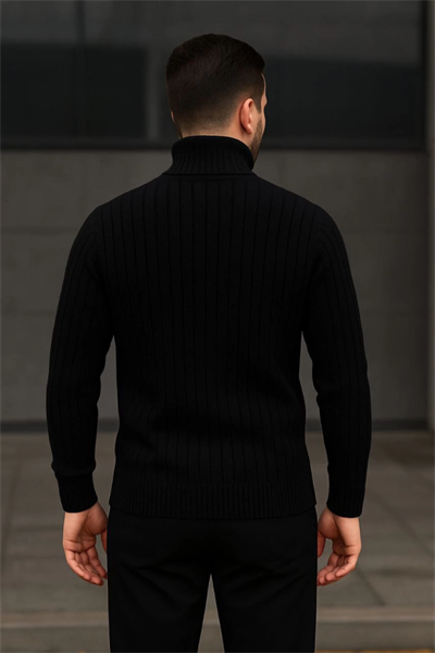 Erkek Balıkcı Yaka Bağazlı Triko Kazak Pamuklu Kalın Fitilli Dokuma, Regular Fit Uzun Kollu Kışlık Model - Siyah